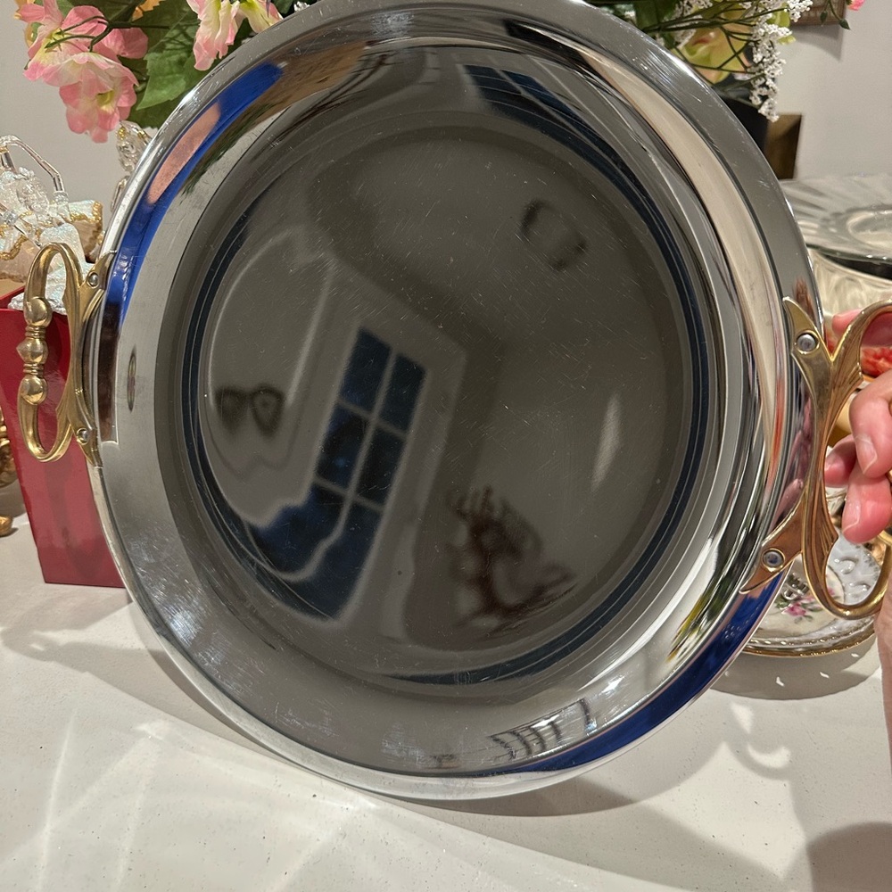 VINTAGE 16” SILVER TRAY PLATTER WITH GOLD HANDLES♥️♥️♥️